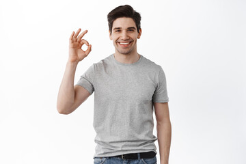 Portrait of a cheerful young man showing okay gesture isolated on the white background