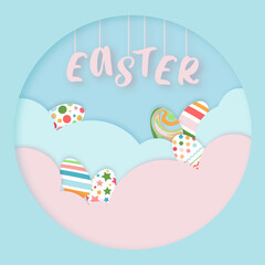 Easter card in pastel pink and blue cut paper style. Greeting poster template with Easter eggs, invitation, card or flyer for Easter.