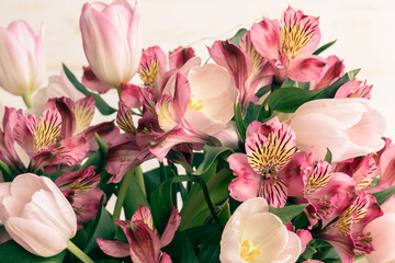 Alstroemeria flowers and pink tulips