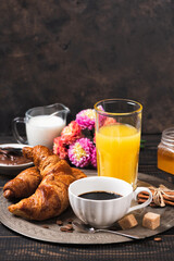 Croissant with chocolate hazelnut spread and cup of coffee