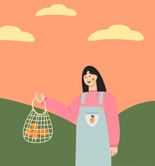 Girl woman in a sundress with tangerines oranges in a bag, background with clouds and grass