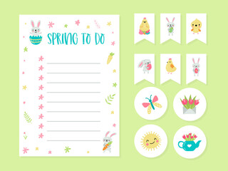 Cute cards, notes, stickers, labels, tags for education and notes with Spring illustrations. Template for scrapbooking