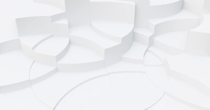 Clean white abstract background with curved shapes, circular design with bright light scene. 4K loop, 3D rendering