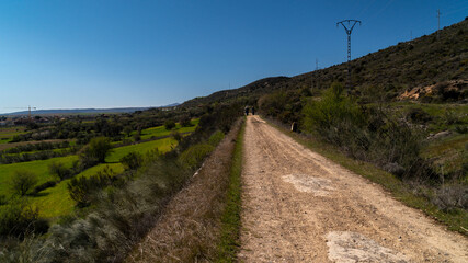 pareja caminando en el campo, camino largo de tierra
