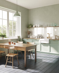 Rustic vintage cottage pale green with wooden table and white bricks