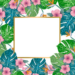 Fototapeta na wymiar Vector banner Summer green tropical flyer design with monstera palm leaves and leopard spots. Copy Space