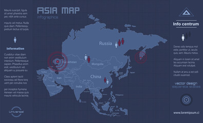 Asia map, individual states, infographics blue flat design vector