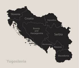 Black map of Yugoslavia with names of regions, design blackboard vector