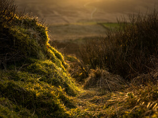 Winter sunset panoramic view of Baldstone, and Gib Torr in the Peak District National Park.