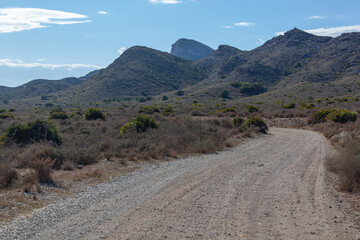 Country road through mountains located within Calblanque Regional natural Park, Murcia, Spain