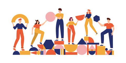 Teamwork, coworking, business partnership concept flat illustration. Characters with abstract geometrical shapes. Diverse people working together. Men and women organize abstract geometric figures