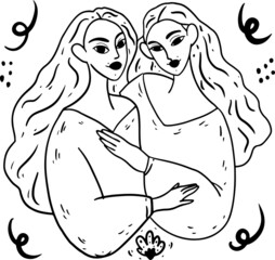 Two girls hug each other. black and white outline, outline drawing. Love, female friendship.
