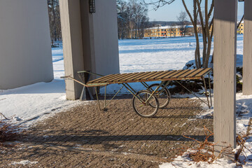 Trolley used for transporting coffins at a chapel.