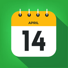 April day 14. Number fourteen on a white paper with yellow color border on a green background vector.