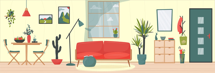 Cozy apartment. Cute minimalistic interior. Window, dining area, floor lamp, red sofa, hallway, houseplants. Flat vector illustration. Trendy scandinavian hygge interior