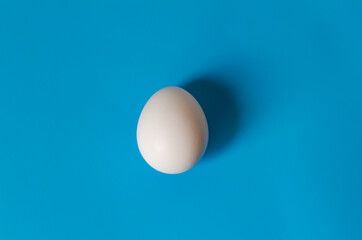 Easter concept. White egg on a blue background in pastel colors. The chicken laid the egg. Natural organic homemade products. Copy space for text