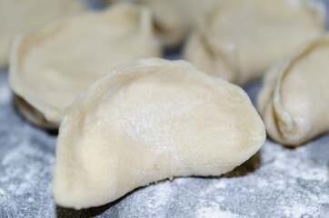 Fototapeta na wymiar On the table are dumplings in flour.