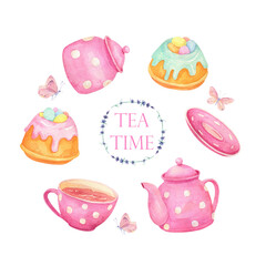 Watercolor teapot cup. Polka dot mug, kettle. Easter dessert