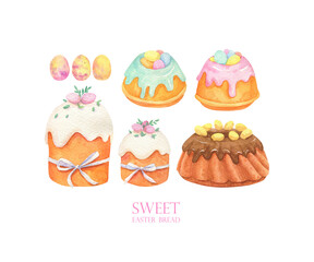 Watercolor easter bread. Glazed cupcake. Chocolate cream cake art