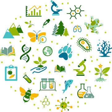 Natural Or Applied Science / Life Sciences Vector Illustration. Concept With Icons Related To Biology, Ecological / Environmental Research, Education In School Or University, Biotechnology Studies.