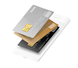 Credit cards set with phone isolated on white background. Vector illustration ready for use. EPS10.	