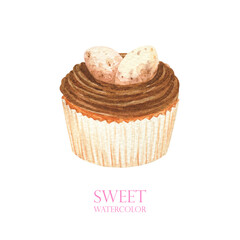 Easter cupcake. Chocolate nest. Watercolor dessert