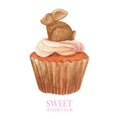 Watercolor  bunny cupcake. Easter rabbit chocolate