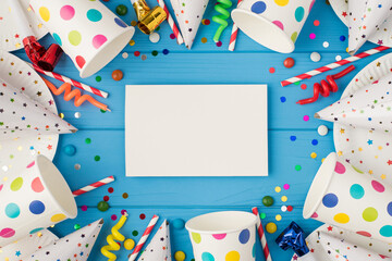 Top view photo of birthday party composition white card with copyspace in the middle spiral candles pipes striped straws hats confetti paper cups and plates on isolated blue wooden table background