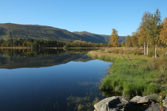 Geilo lake and reflections in Autumn, Geilo, Norway