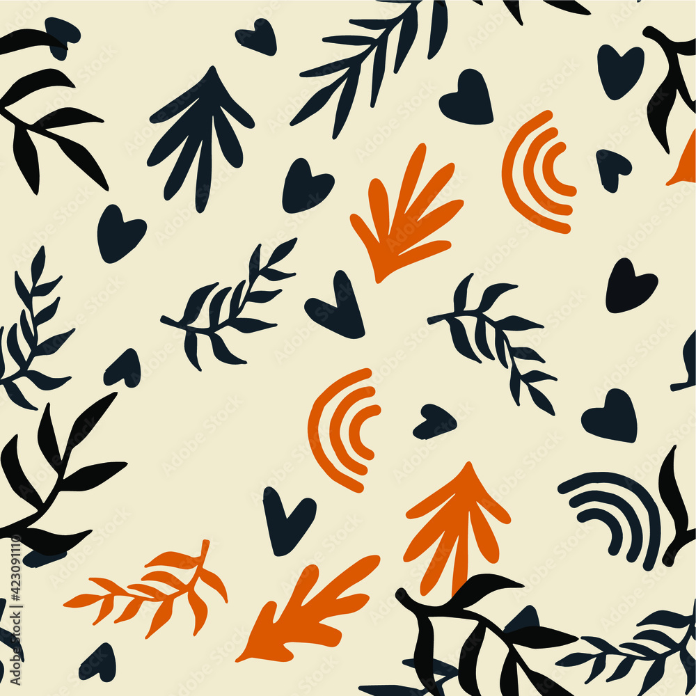 Poster Beautiful Mid- Century Boho style Pattern with Palm Branches. Repeating Vector Design in warm color palette.