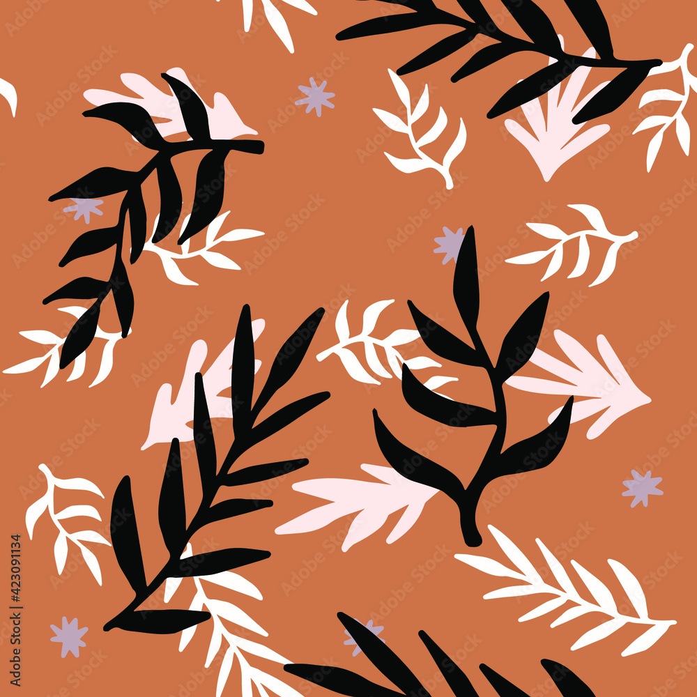 Aufkleber Beautiful Mid- Century Boho style Pattern with Palm Branches. Repeating Vector Design in warm color palette.