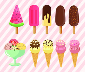 Ice cream sweet frozen dessert.
Various types of ice cream vector set. No diet day