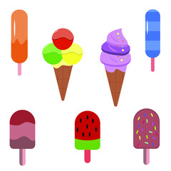 Ice cream sweet frozen dessert.
Various types of ice cream vector set. No diet day