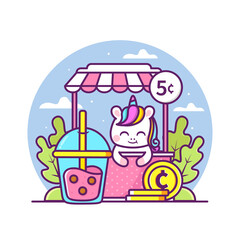 cute unicorn selling bubble tea illustration
