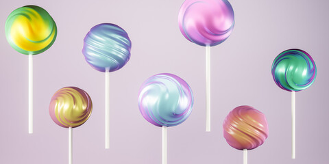 Colorful lollipop sweet candies on stick, pastel background, 3d rendering