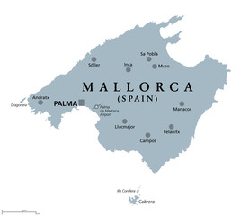 Mallorca, gray political map, with capital Palma and important towns. Majorca, largest Island of the autonomous community of the Balearic Islands, part of Spain, located in Mediterranean Sea. Vector.
