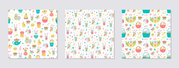 Set of vector seamless pattern for Easter with rabbits and eggs and spring designs.