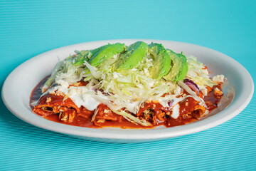 Exquisite traditional Mexican red enchiladas with chopped lettuce, sour cream, cheese and avocado on a white plate.