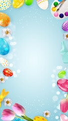 Easter poster template with 3d realistic eggs, paint. Template for advertising, poster, flyer, greeting card. Vector Illustration