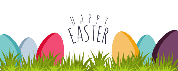 Happy Easter banner with colorful decorative easter eggs on the green grass. Horizontal easter poster. Flat style.