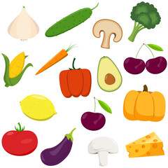 Big set icons food, flat style. Meal icon on white