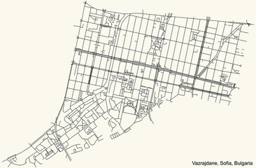 Black simple detailed street roads map on vintage beige background of the quarter Vazrazhdane district of Sofia, Bulgaria