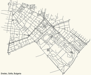 Black simple detailed street roads map on vintage beige background of the quarter Sredets district of Sofia, Bulgaria