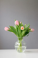 pink tulips with green leaves in a glass vase, a woman holding tulips in her hands, florist, floristry, mother's day gift, bouquet for March 8, bouquet for a girl on her birthday, bouquet of tulips