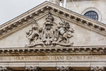 English and Chinese Anglican Church of Saint-Martin-in-the-Fields, Trafalgar Square in the City of Westminster, London, UK. Church was constructed to a Neoclassical design in 1724.