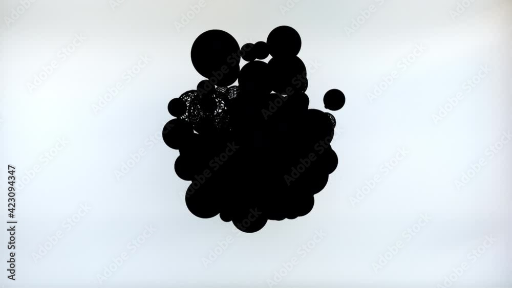 Wall mural round separating balls emerging in energy of dark space. futuristic 3d render fission atoms with gra