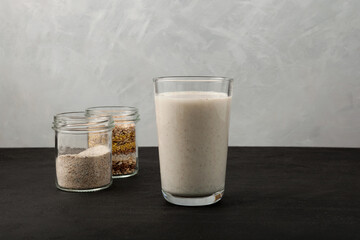 Misutgaru or Misugaru Latte. Healthy Korean shake made from roasted multi grain powder. Popular homemade breakfast drink. Protein smoothie