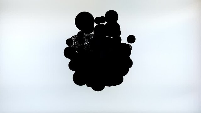 Round separating balls emerging in energy of dark space. Futuristic 3d render fission atoms with gradual filling white surface. Digital molecules and development of creative technologies.