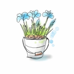 Hand drawn illustration of blue flowers in a bucket on a white background
