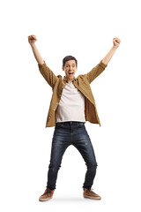 Full length portrait of an excited young man cheering with happiness
